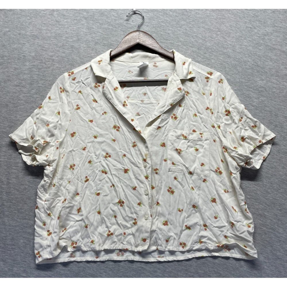 Abound Cropped Blouse Top Women Medium White Floral Print Notch Collar Button Up